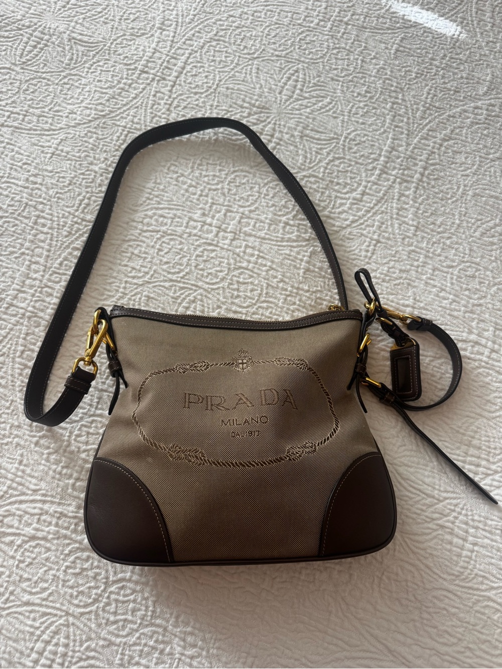 Prada Canvas Shoulder Bag in Taupe and Dark Brown
